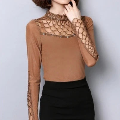 Women blouse shirt fashion long sleeve blouse Hollow out Lace tops Elegant Slim Patchwork