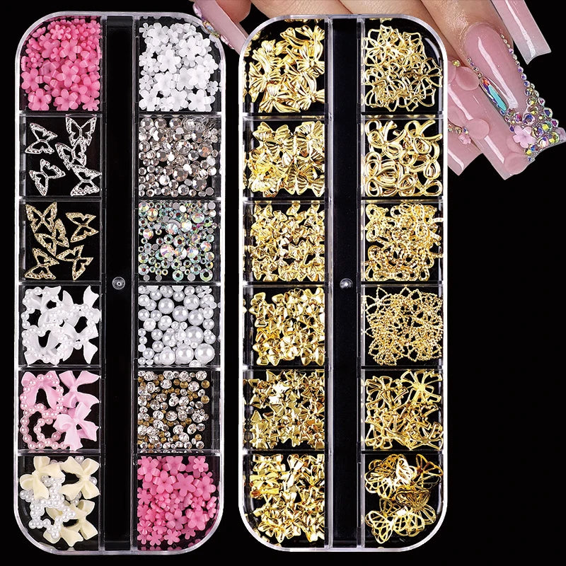 24-Piece 3D Y2K Millennial Nail Art Decoration Set, Assorted Rhinestones, Pearls, Butterfly, Heart & Flower DIY Nail Charms