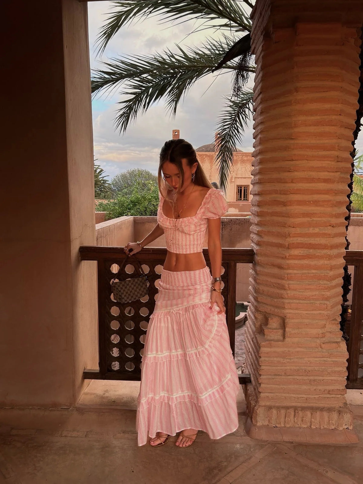 Striped Skirt Two-piece Summer New Product Bubble Sleeve Square Neck Short Top Low Waist Layered Skirt Women