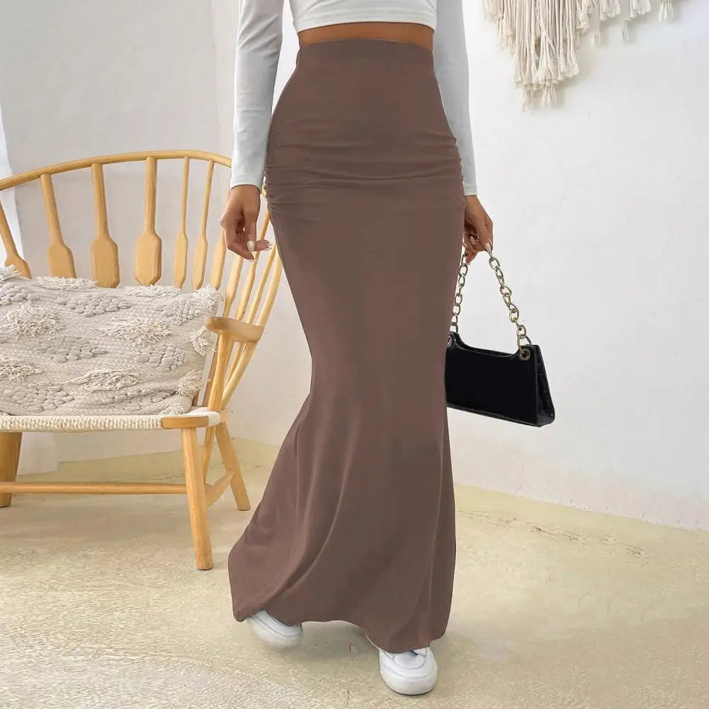 Women Maxi Skirt Solid Color High Waist Knitted Women's Fishtail Skirt Long Skirt Spring Autumn Elegant Shirring Design Skirts